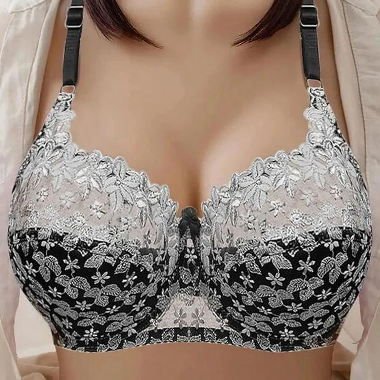 Womens Floral Embroidery Lace Bra Adjustable Straps Ultra-Thin Plus Size Elegant Lingerie Underwire Sexy Push Up Bras