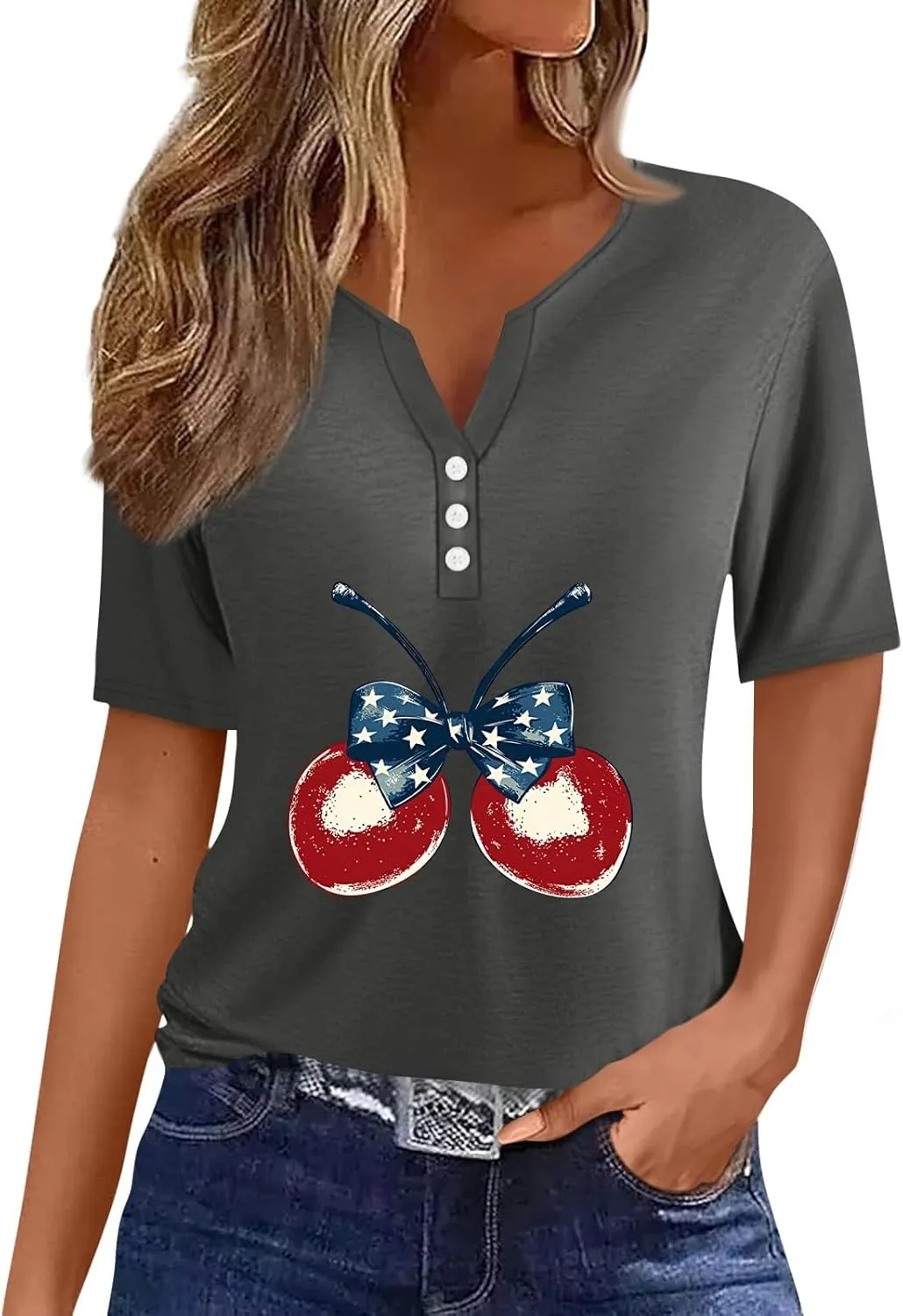Womens Fourth of July Shirts Short Sleeve USA American Flag Loose Fit Summer Casual Blouses Stars Stripes Tops