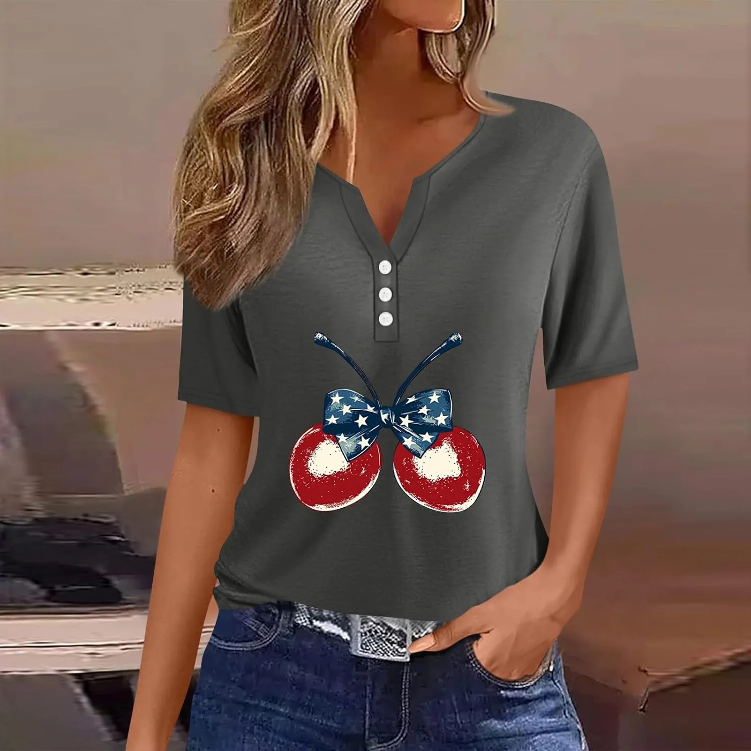Womens Fourth of July Shirts Short Sleeve USA American Flag Loose Fit Summer Casual Blouses Stars Stripes Tops