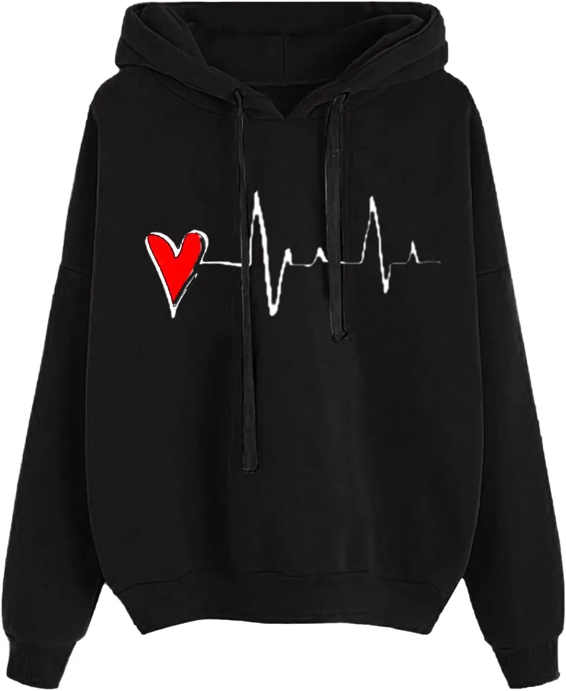 Women's Graphic Letter Heart Print Long Sleeve Hoodie Sweatshirt with Pocket Loose Oversized Drawstring Pullover