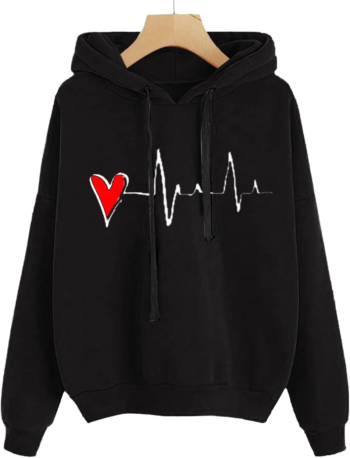 Women's Graphic Letter Heart Print Long Sleeve Hoodie Sweatshirt with Pocket Loose Oversized Drawstring Pullover