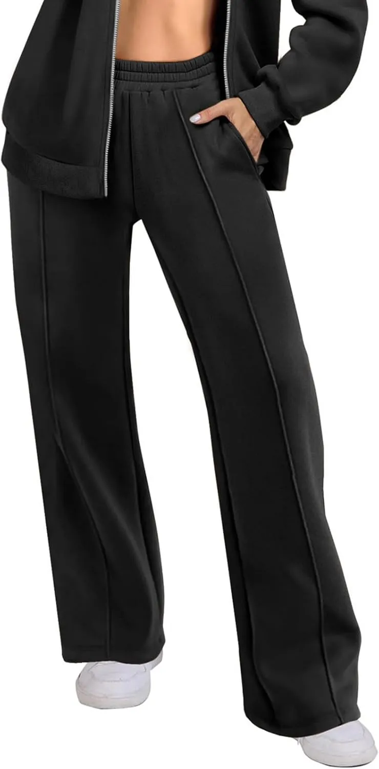 Women's High Waist Wide Leg Sweatpants Casual Workout Yoga Jogger Pants Lounge Loose Fleece Lined Trousers with Pockets