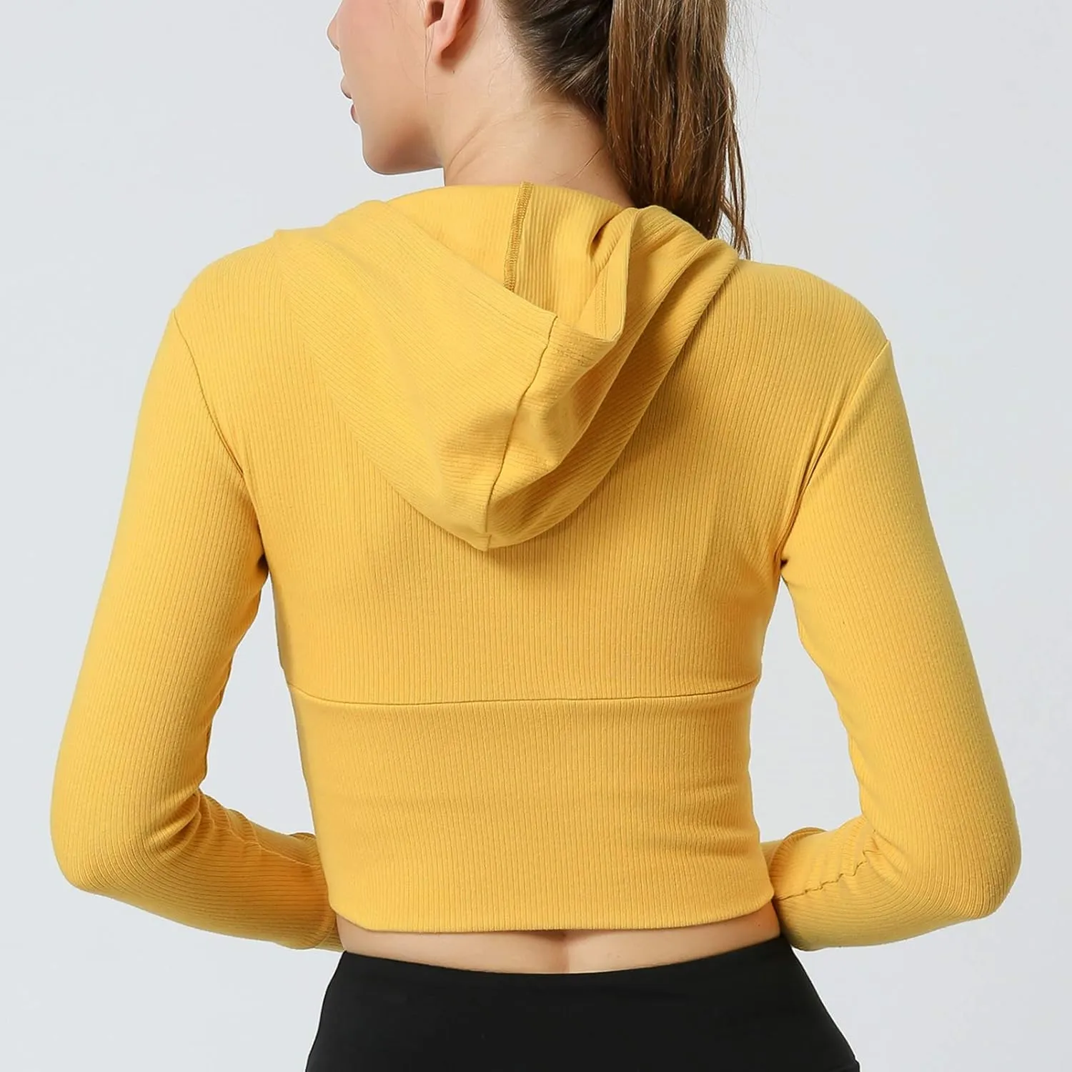 Women's Hooded Jacket Full-Zip Long Sleeve Solid Yoga Crop Top Hoodie Sweatshirt