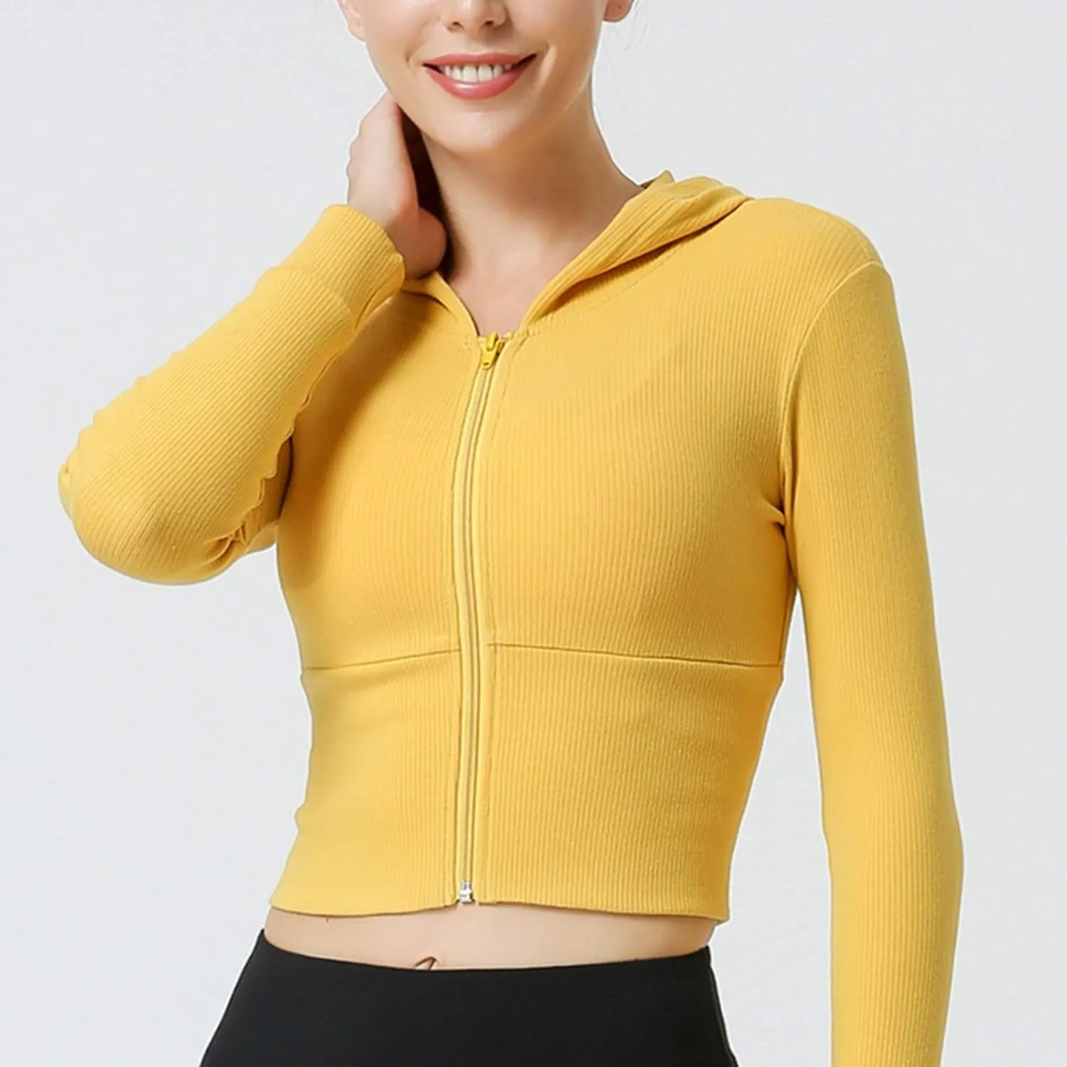 Women's Hooded Jacket Full-Zip Long Sleeve Solid Yoga Crop Top Hoodie Sweatshirt