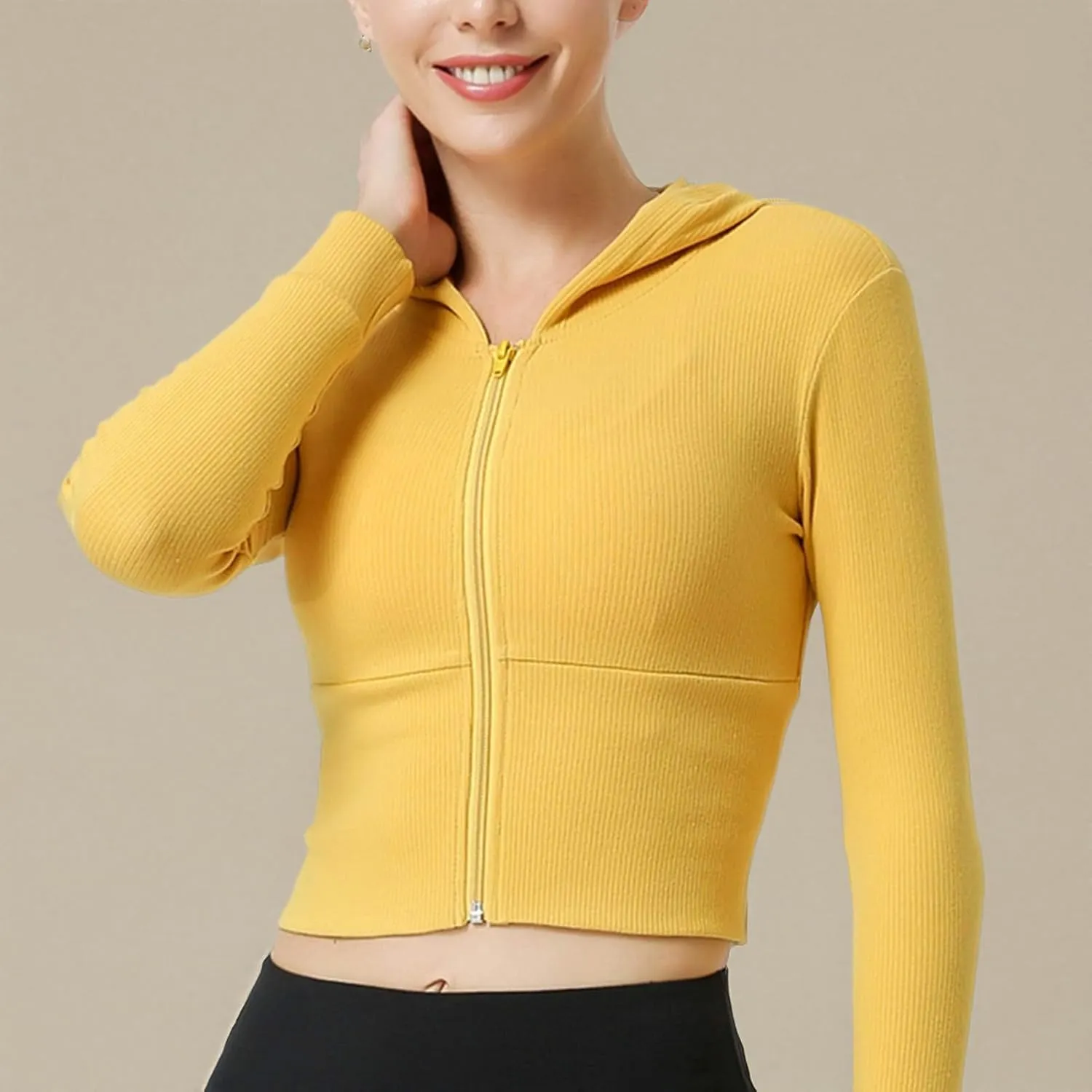 Women's Hooded Jacket Full-Zip Long Sleeve Solid Yoga Crop Top Hoodie Sweatshirt