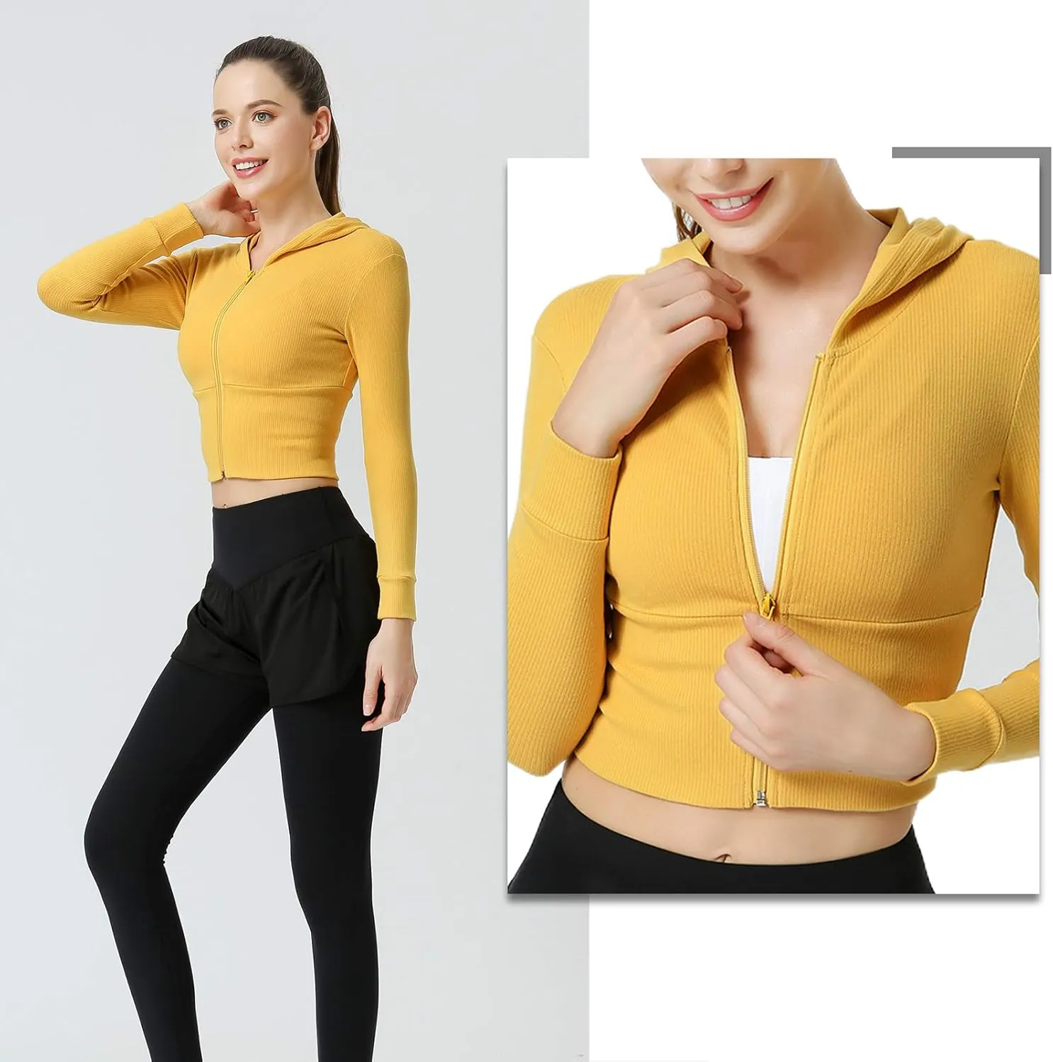 Women's Hooded Jacket Full-Zip Long Sleeve Solid Yoga Crop Top Hoodie Sweatshirt