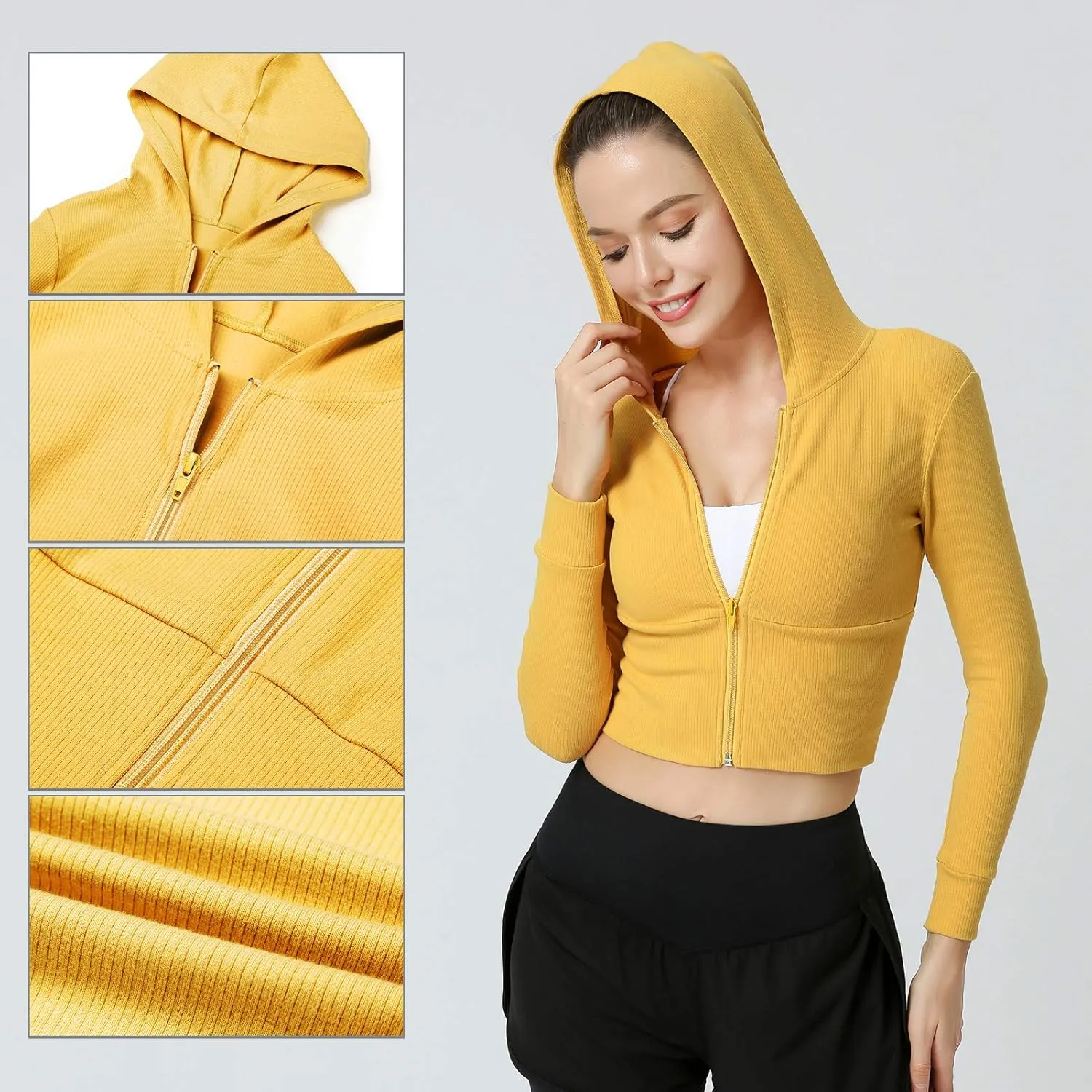 Women's Hooded Jacket Full-Zip Long Sleeve Solid Yoga Crop Top Hoodie Sweatshirt