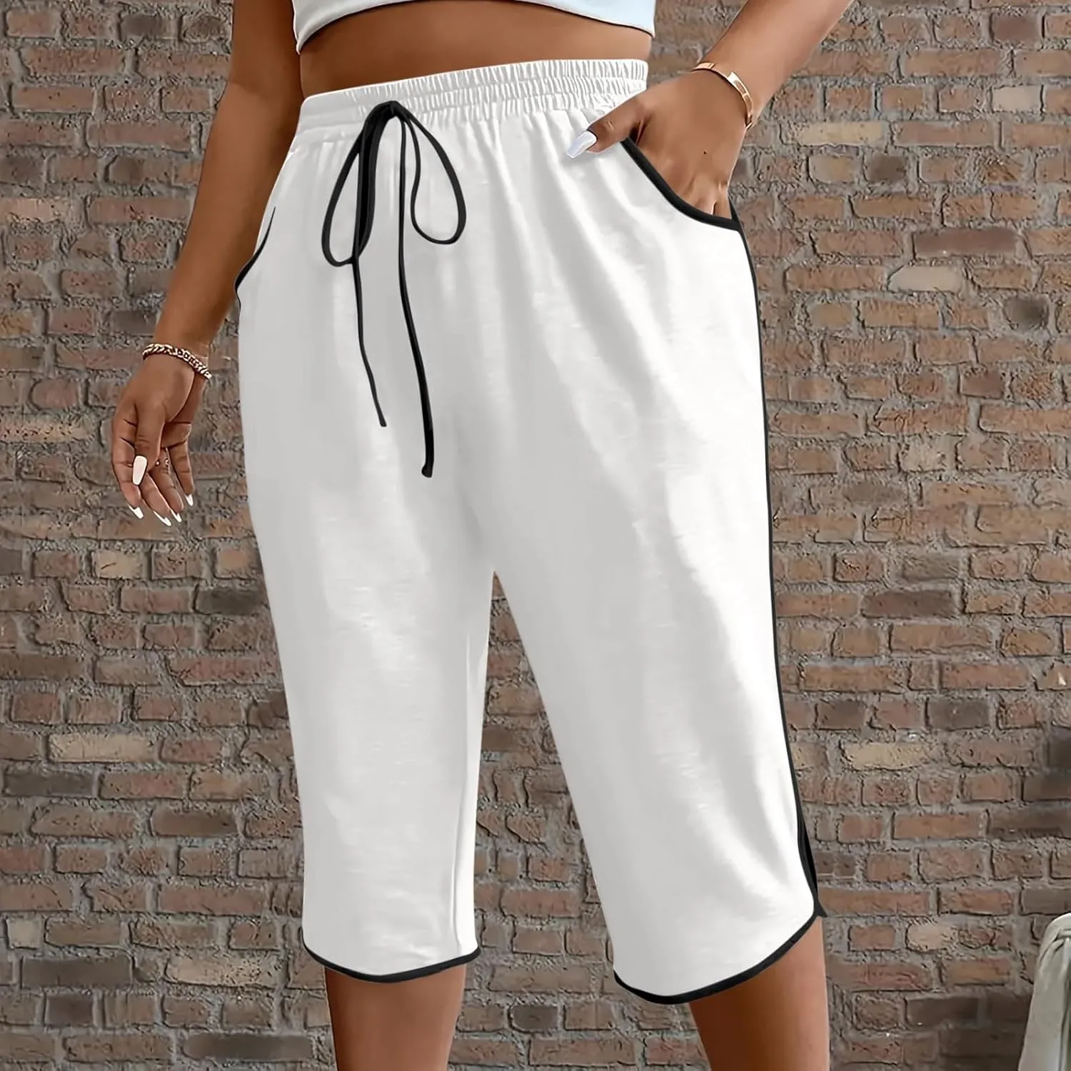 Womens Jogging Capris Stretch Waist Drawstring Pants with Pockets Straight Leg Casual Comfy Athletic Trousers
