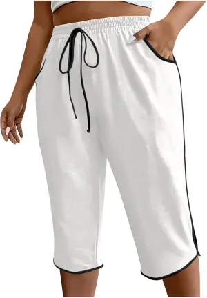 Womens Jogging Capris Stretch Waist Drawstring Pants with Pockets Straight Leg Casual Comfy Athletic Trousers