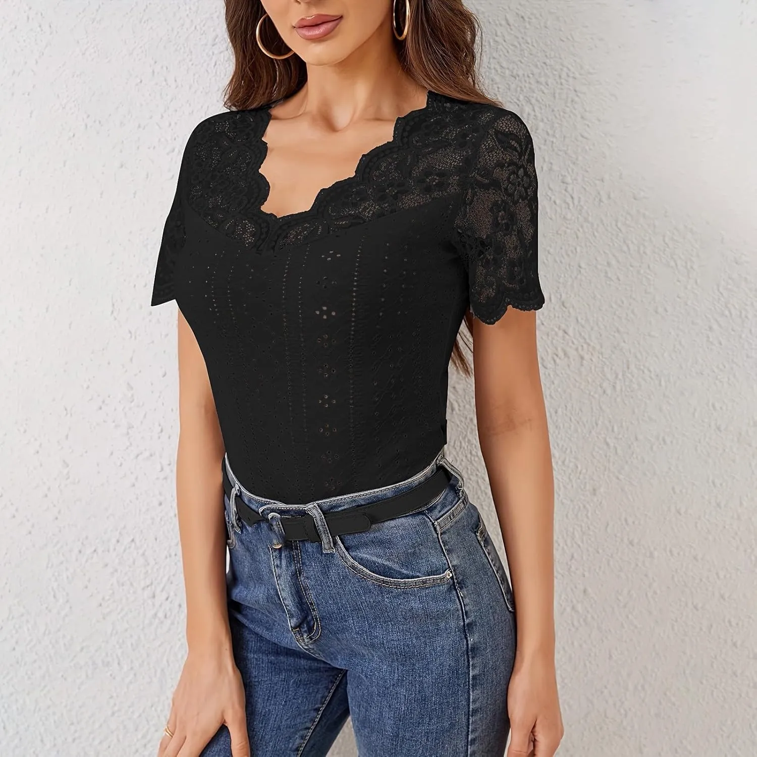 Womens Lace Scalloped Short Sleeve V Neck T Shirts Summer Casual Floral Tops Slim Fit Tees Blouses Sexy Tops for Women