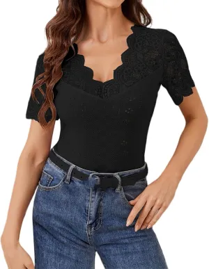 Womens Lace Scalloped Short Sleeve V Neck T Shirts Summer Casual Floral Tops Slim Fit Tees Blouses Sexy Tops for Women