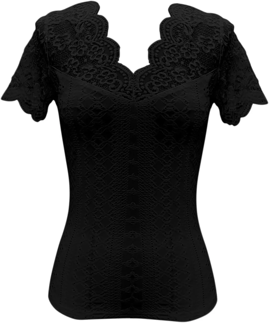 Womens Lace Scalloped Short Sleeve V Neck T Shirts Summer Casual Floral Tops Slim Fit Tees Blouses Sexy Tops for Women