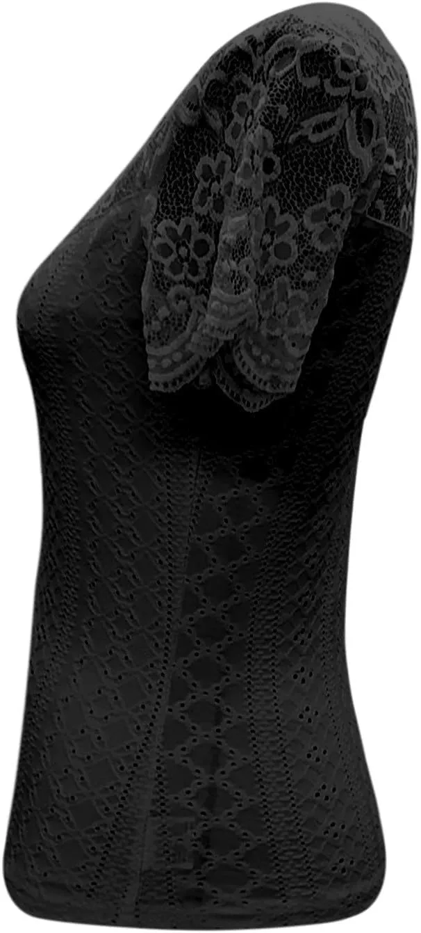 Womens Lace Scalloped Short Sleeve V Neck T Shirts Summer Casual Floral Tops Slim Fit Tees Blouses Sexy Tops for Women