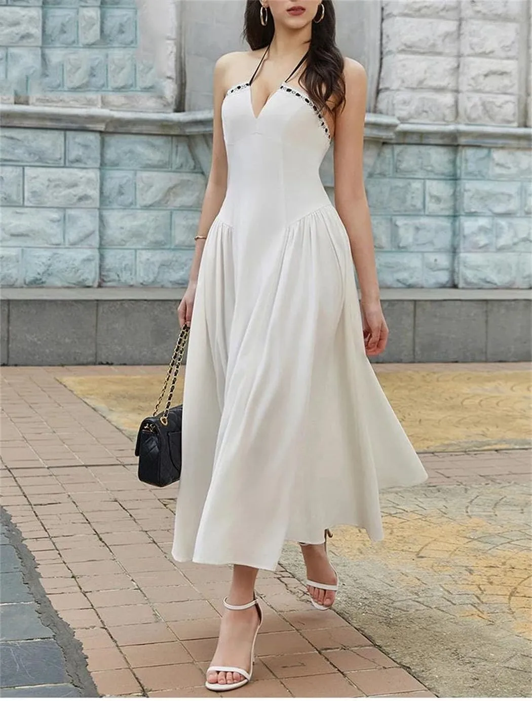 Women's Lace-Up Corset A-Line Dress Adjustable Off-Shoulder Neckline with Sculpted Cross Back Straps