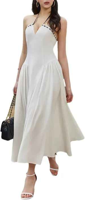 Women's Lace-Up Corset A-Line Dress Adjustable Off-Shoulder Neckline with Sculpted Cross Back Straps