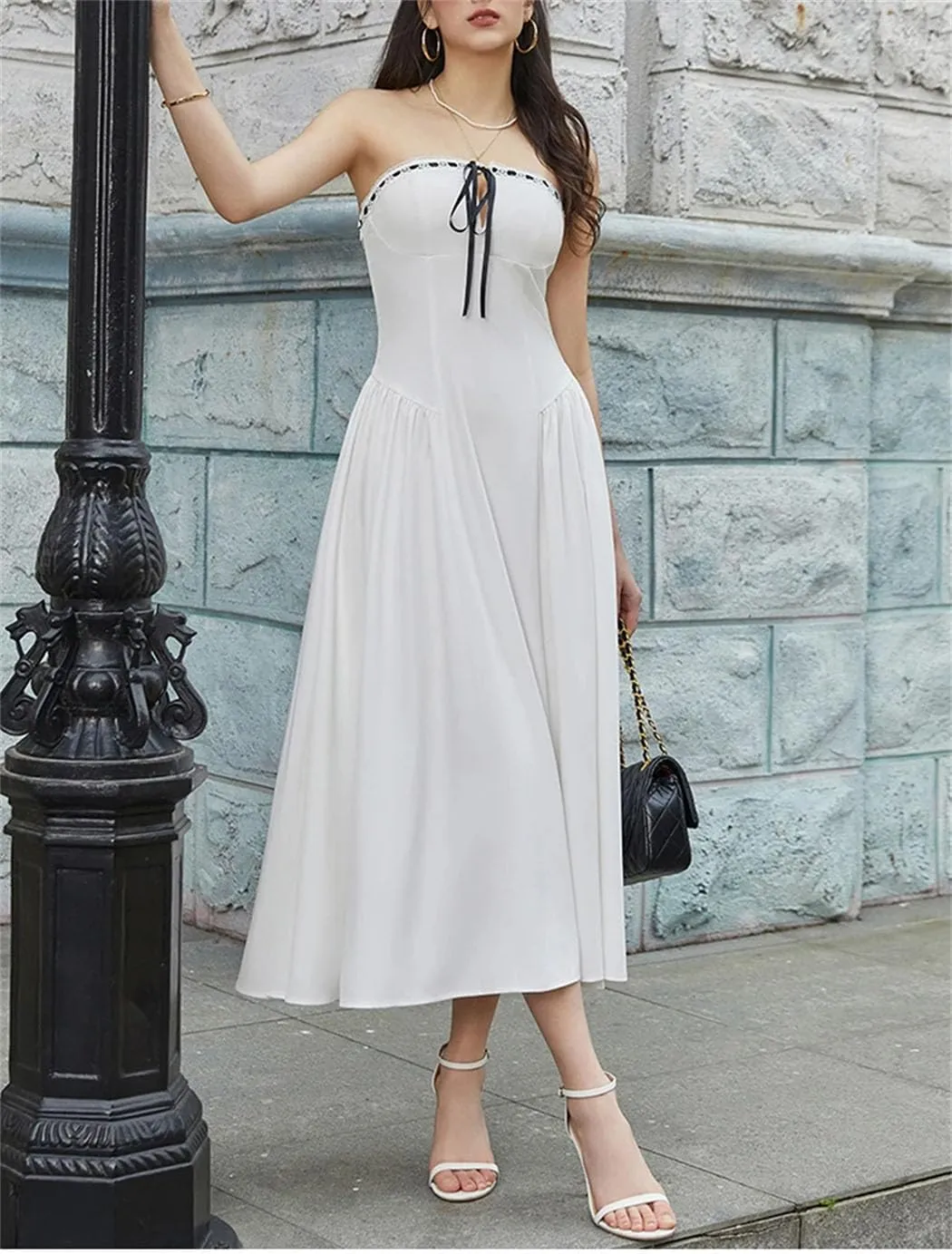 Women's Lace-Up Corset A-Line Dress Adjustable Off-Shoulder Neckline with Sculpted Cross Back Straps