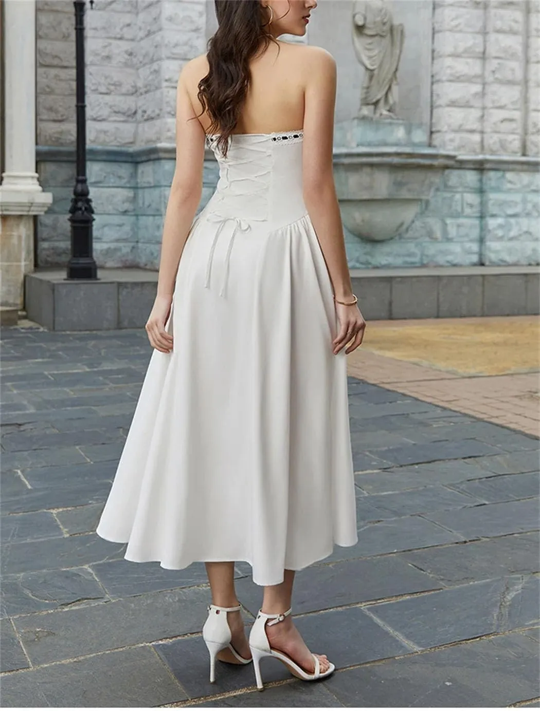 Women's Lace-Up Corset A-Line Dress Adjustable Off-Shoulder Neckline with Sculpted Cross Back Straps