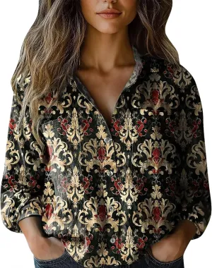 Women's Linen Oversized Blouses Vintage Long Sleeve Cotton Linen Tops for Women Loose Fit Loose Fit Casual V-Neck