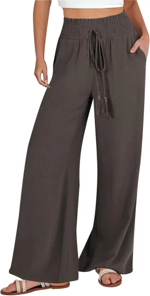 Womens Linen Summer Loose Pant Trousers High Waist Straight Slim Fit Palazzo Lounge Pants Vacation