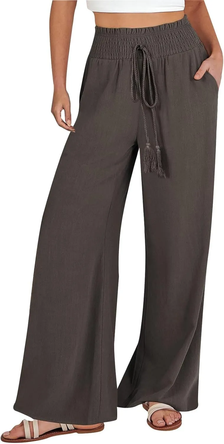 Womens Linen Summer Loose Pant Trousers High Waist Straight Slim Fit Palazzo Lounge Pants Vacation