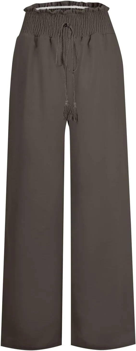 Womens Linen Summer Loose Pant Trousers High Waist Straight Slim Fit Palazzo Lounge Pants Vacation