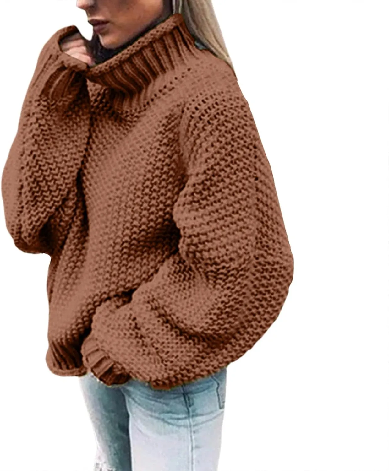 Womens Oversized Knit Sweater Oversized Turtleneck Sweater Solid High Neck Pullover Long Sleeve Sweaters