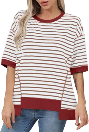 Women's Oversized Striped Short Sleeve T-Shirt High Low Hem Color Block Y2K Casual Summer Tee for Women 2025