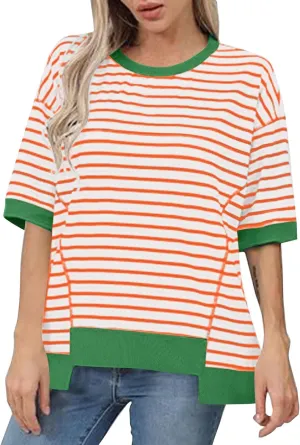 Women's Oversized Striped Short Sleeve T-Shirt High Low Hem Color Block Y2K Casual Summer Tee for Women 2025