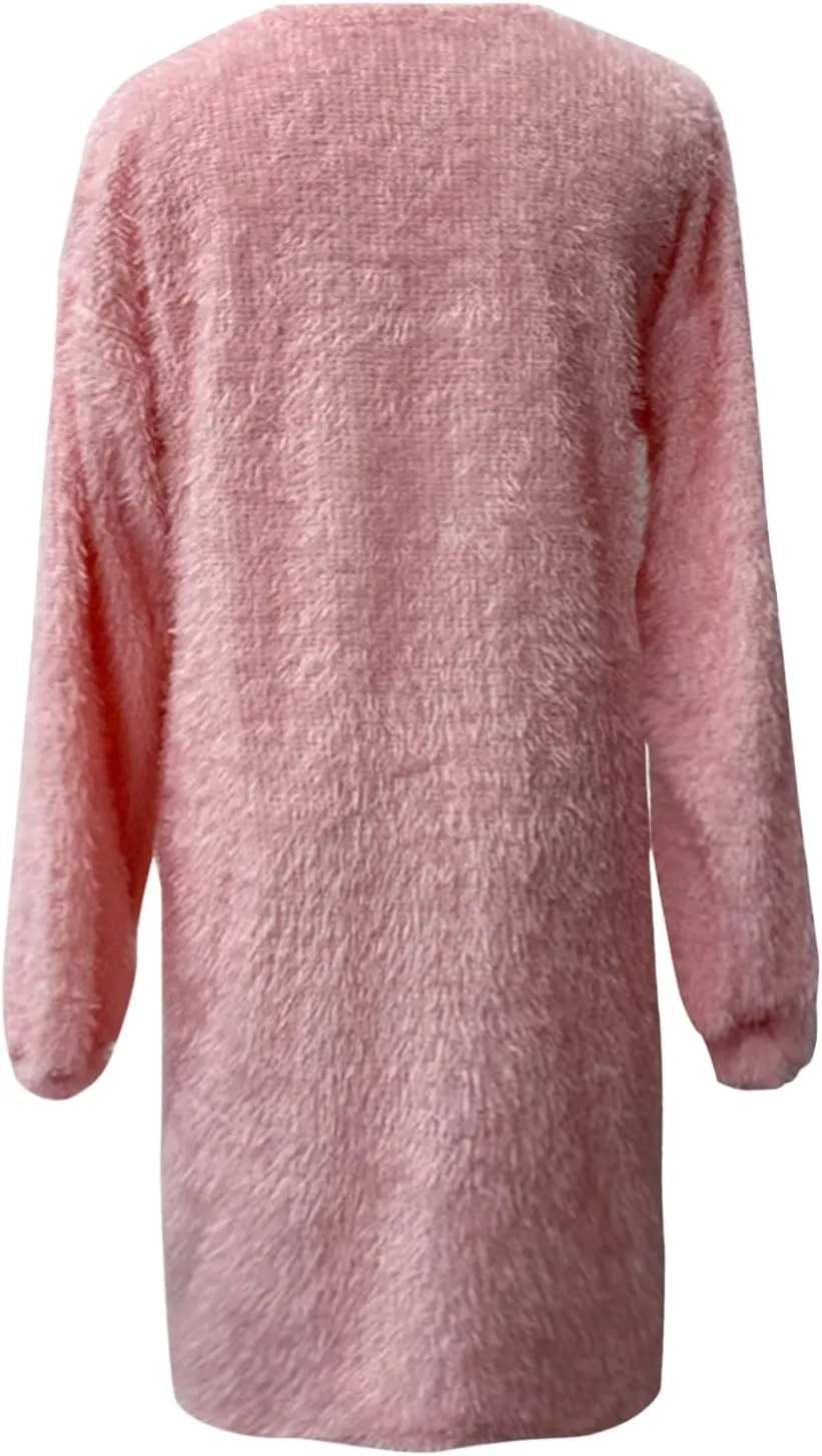 Women's Oversized Sweaters Dress Furry Crewneck Oversized Loose Long Pullover Sweater Dress Knit Dresses