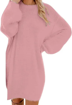Women's Oversized Sweaters Dress Furry Crewneck Oversized Loose Long Pullover Sweater Dress Knit Dresses