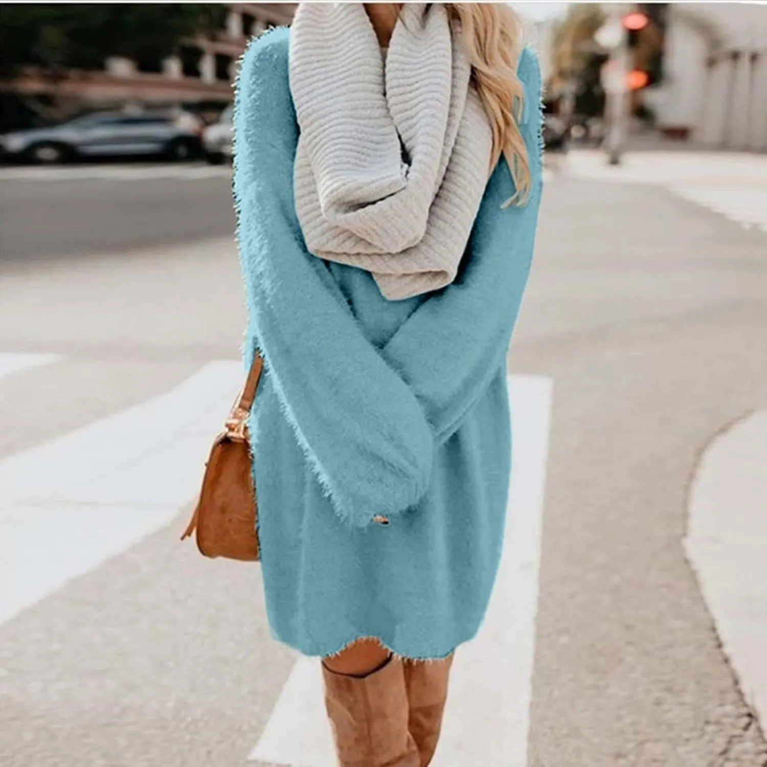 Women's Oversized Sweaters Dress Furry Crewneck Oversized Loose Long Pullover Sweater Dress Knit Dresses
