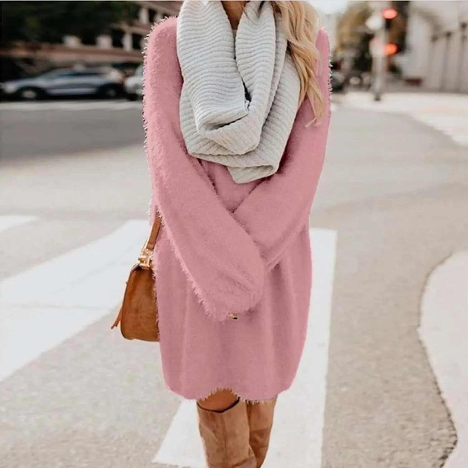 Women's Oversized Sweaters Dress Furry Crewneck Oversized Loose Long Pullover Sweater Dress Knit Dresses