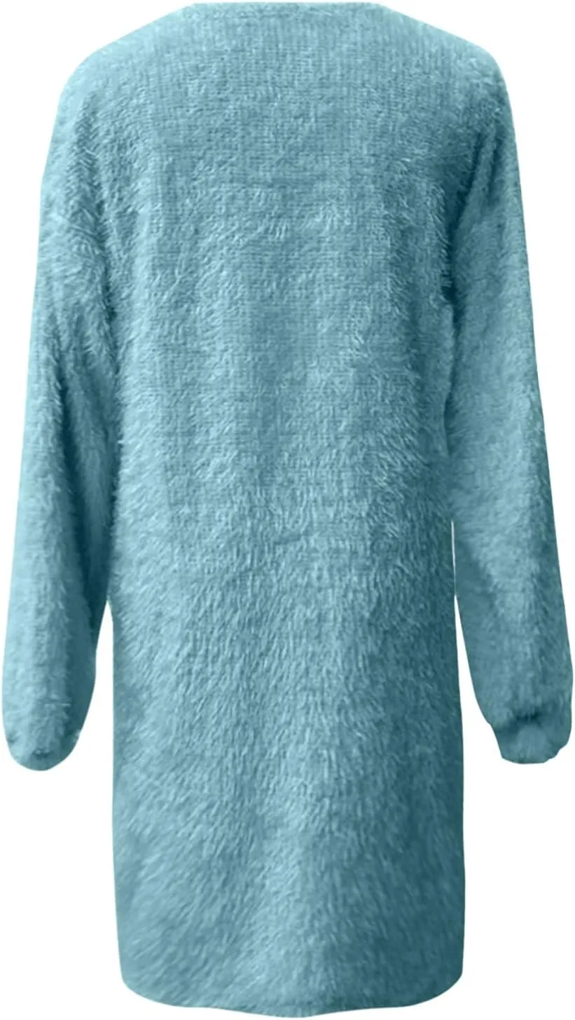 Women's Oversized Sweaters Dress Furry Crewneck Oversized Loose Long Pullover Sweater Dress Knit Dresses