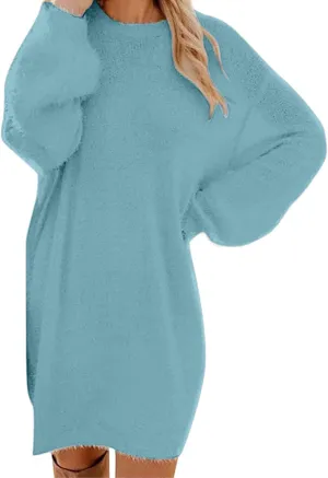 Women's Oversized Sweaters Dress Furry Crewneck Oversized Loose Long Pullover Sweater Dress Knit Dresses