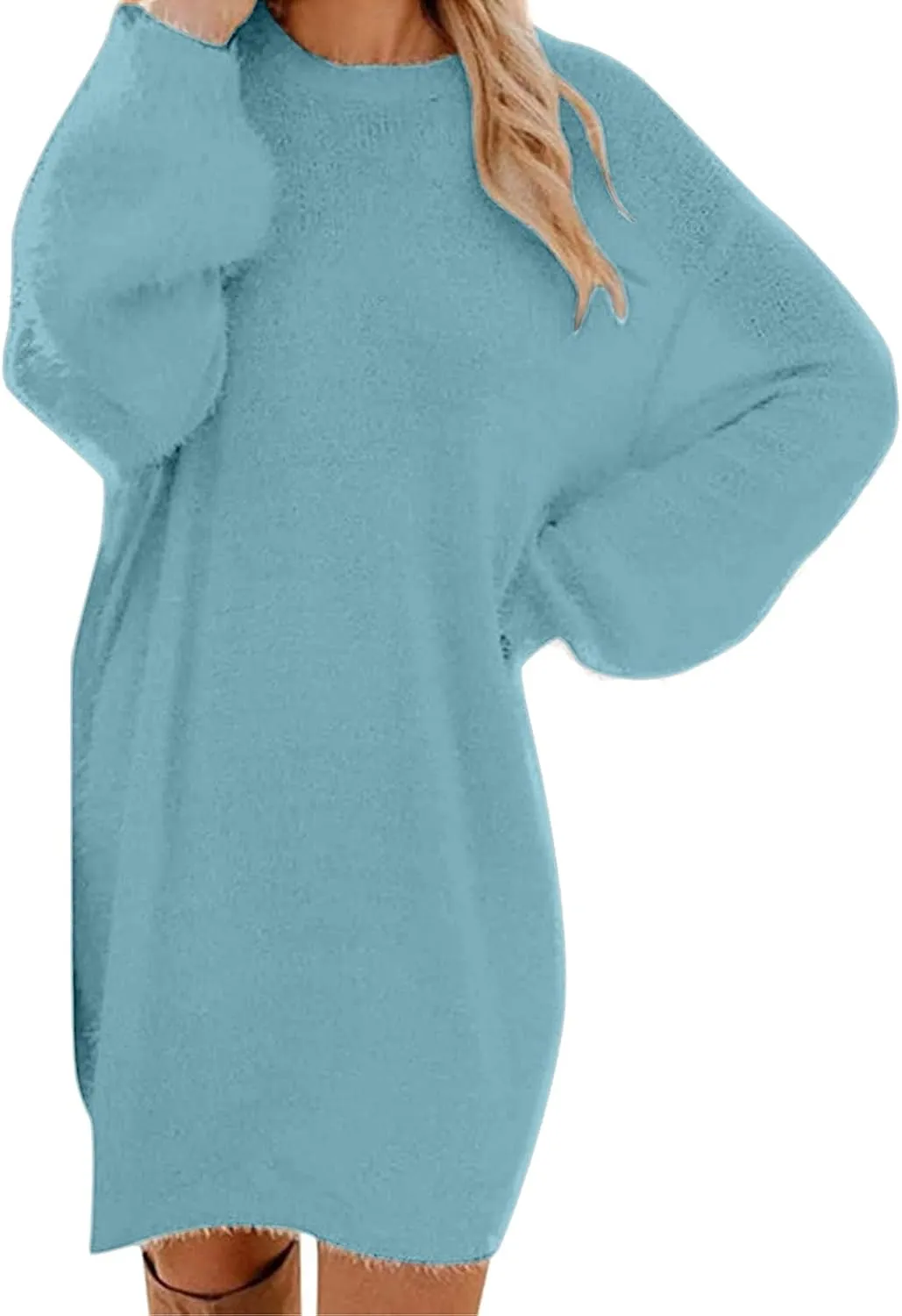 Women's Oversized Sweaters Dress Furry Crewneck Oversized Loose Long Pullover Sweater Dress Knit Dresses
