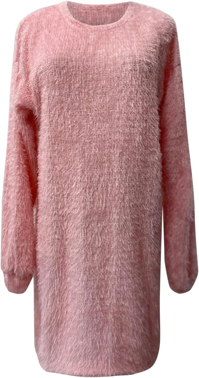 Women's Oversized Sweaters Dress Furry Crewneck Oversized Loose Long Pullover Sweater Dress Knit Dresses