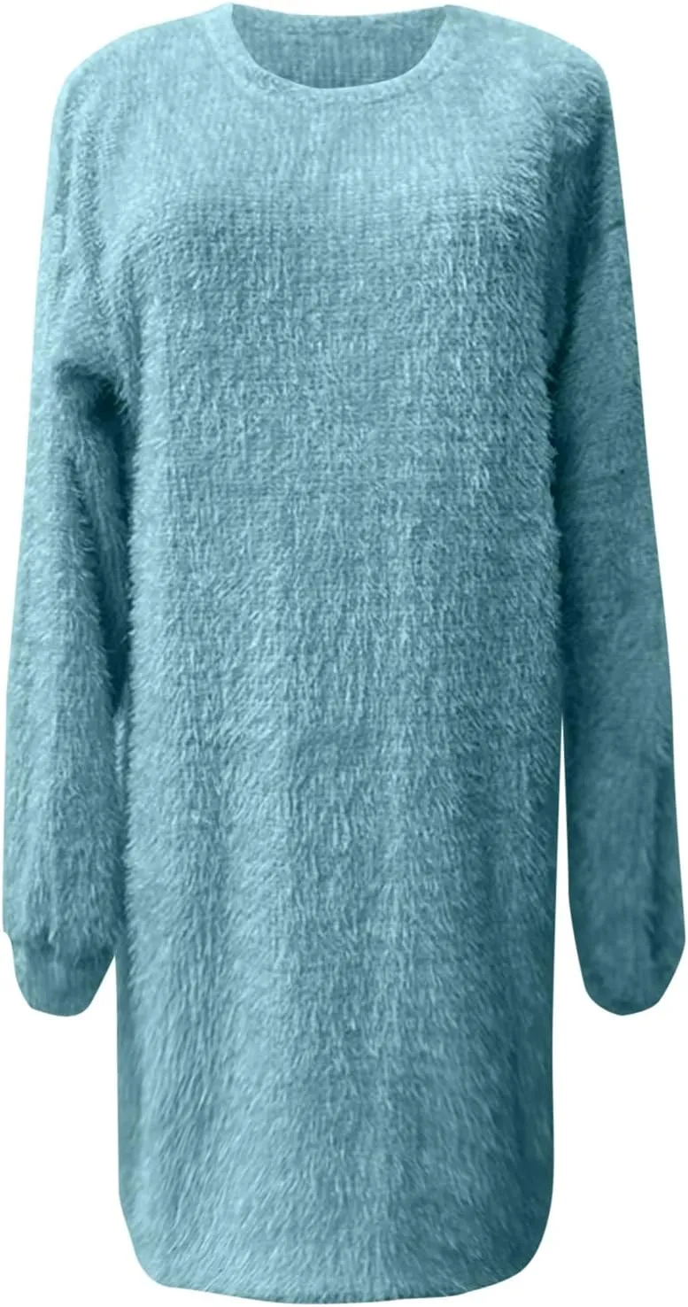 Women's Oversized Sweaters Dress Furry Crewneck Oversized Loose Long Pullover Sweater Dress Knit Dresses