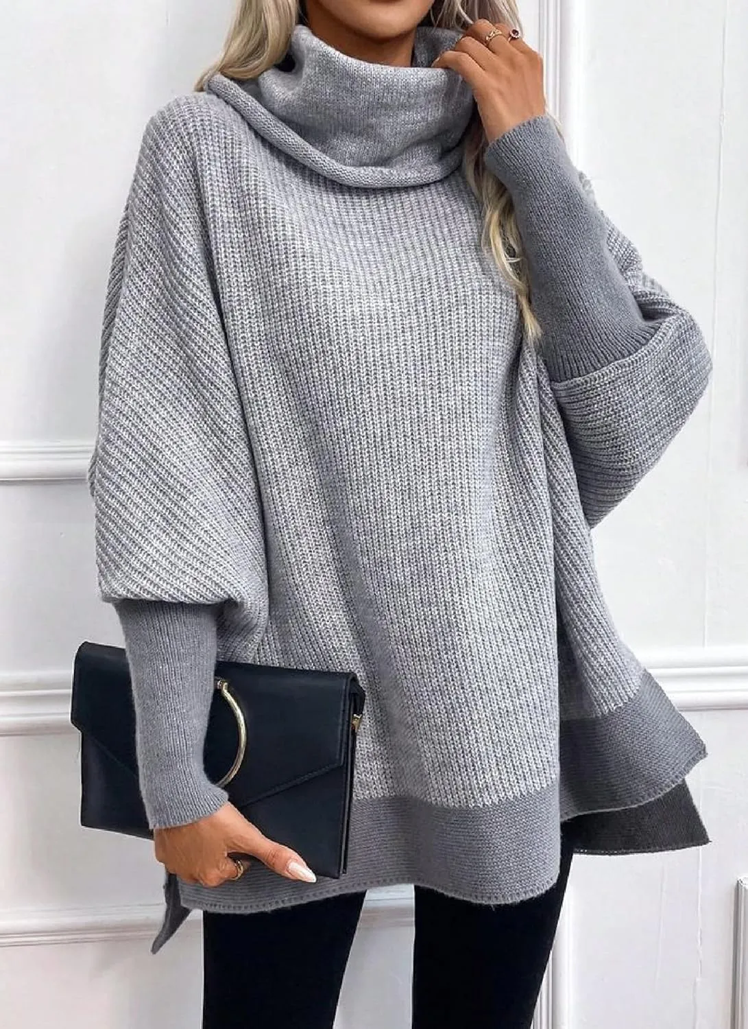 Women's Oversized Turtleneck Batwing Sleeves Dolman Knitted Oversized Sweaters and Pullovers Tops