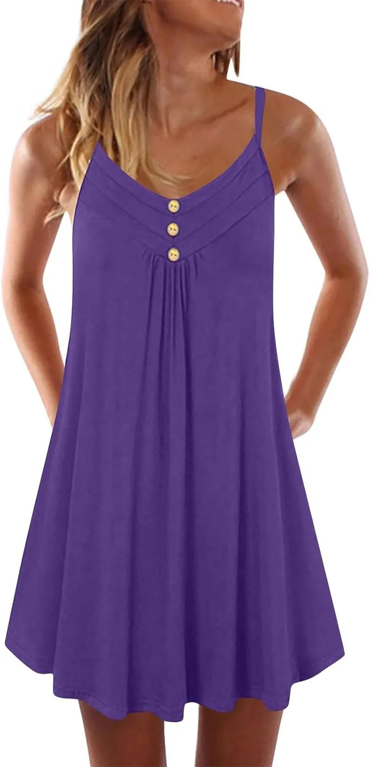 Women's Pleated Tank Tops Summer Button V Neck Spaghetti Strap Camisole Loose Fit Sleeveless Tshirts Maternity Tunic