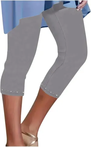 Womens Rhinestone Capri Leggings Lightweight High Waisted Cropped Pants Trendy Stretch Workout Compression Yoga Pants