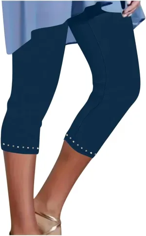 Womens Rhinestone Capri Leggings Lightweight High Waisted Cropped Pants Trendy Stretch Workout Compression Yoga Pants