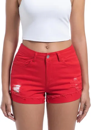 Women's Ripped Mid Rise Stretchy Denim Jeans Shorts