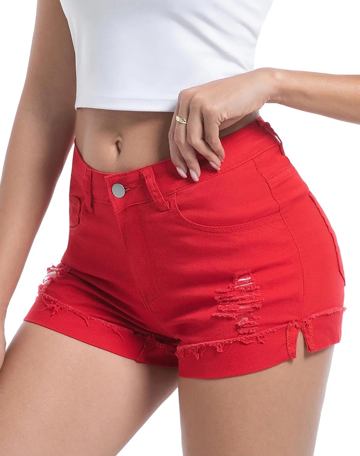 Women's Ripped Mid Rise Stretchy Denim Jeans Shorts