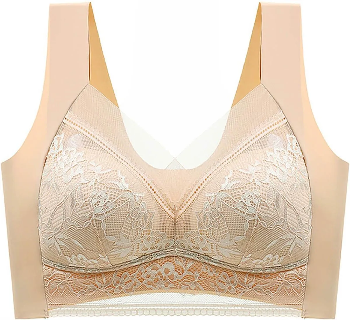 Womens Seamless Lace Sports Bra Pull On Daily Bras Mesh Panel with Wide Straps Elegant Comfortable Wireless Bralettes
