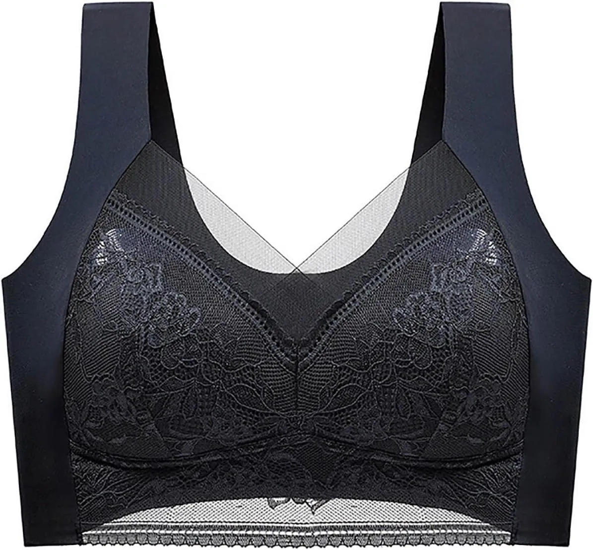 Womens Seamless Lace Sports Bra Pull On Daily Bras Mesh Panel with Wide Straps Elegant Comfortable Wireless Bralettes