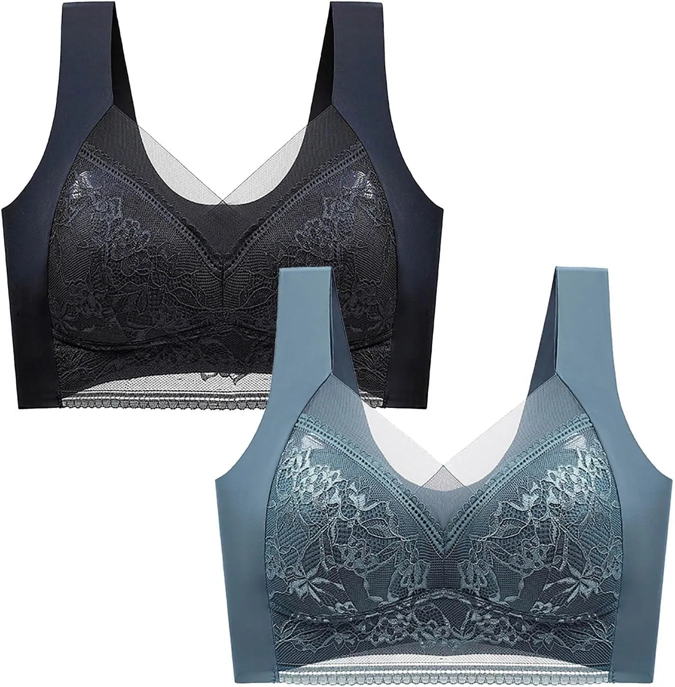 Womens Seamless Lace Sports Bra Pull On Daily Bras Mesh Panel with Wide Straps Elegant Comfortable Wireless Bralettes