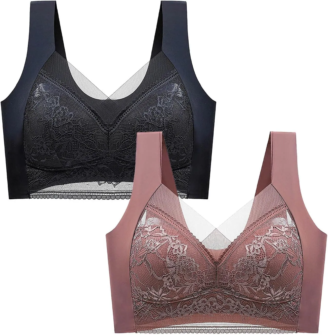 Womens Seamless Lace Sports Bra Pull On Daily Bras Mesh Panel with Wide Straps Elegant Comfortable Wireless Bralettes