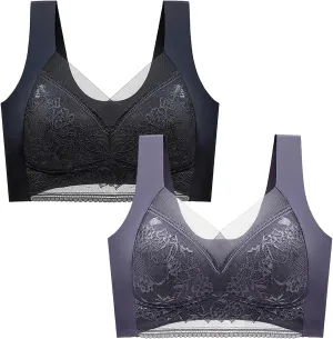 Womens Seamless Lace Sports Bra Pull On Daily Bras Mesh Panel with Wide Straps Elegant Comfortable Wireless Bralettes