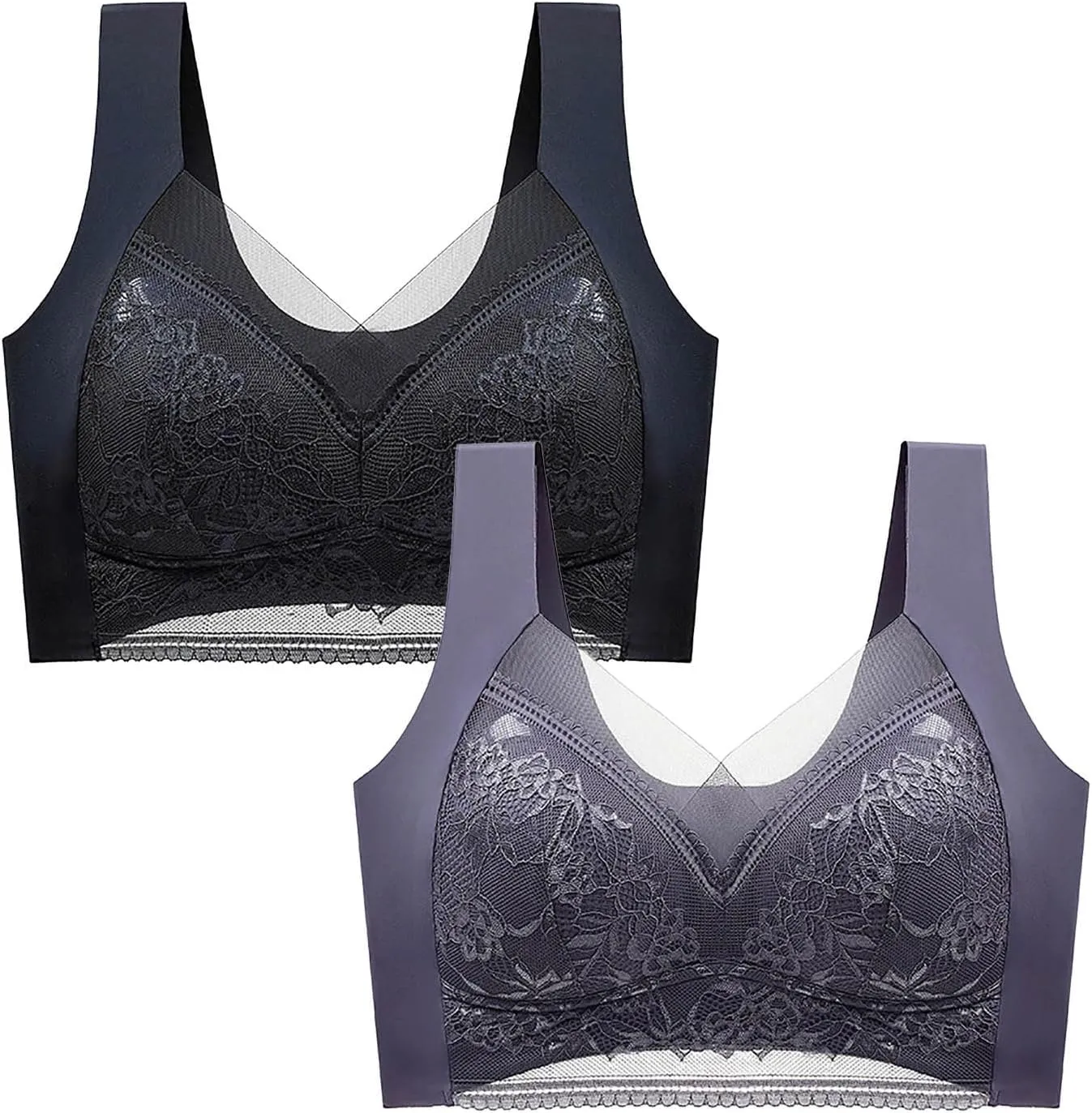 Womens Seamless Lace Sports Bra Pull On Daily Bras Mesh Panel with Wide Straps Elegant Comfortable Wireless Bralettes