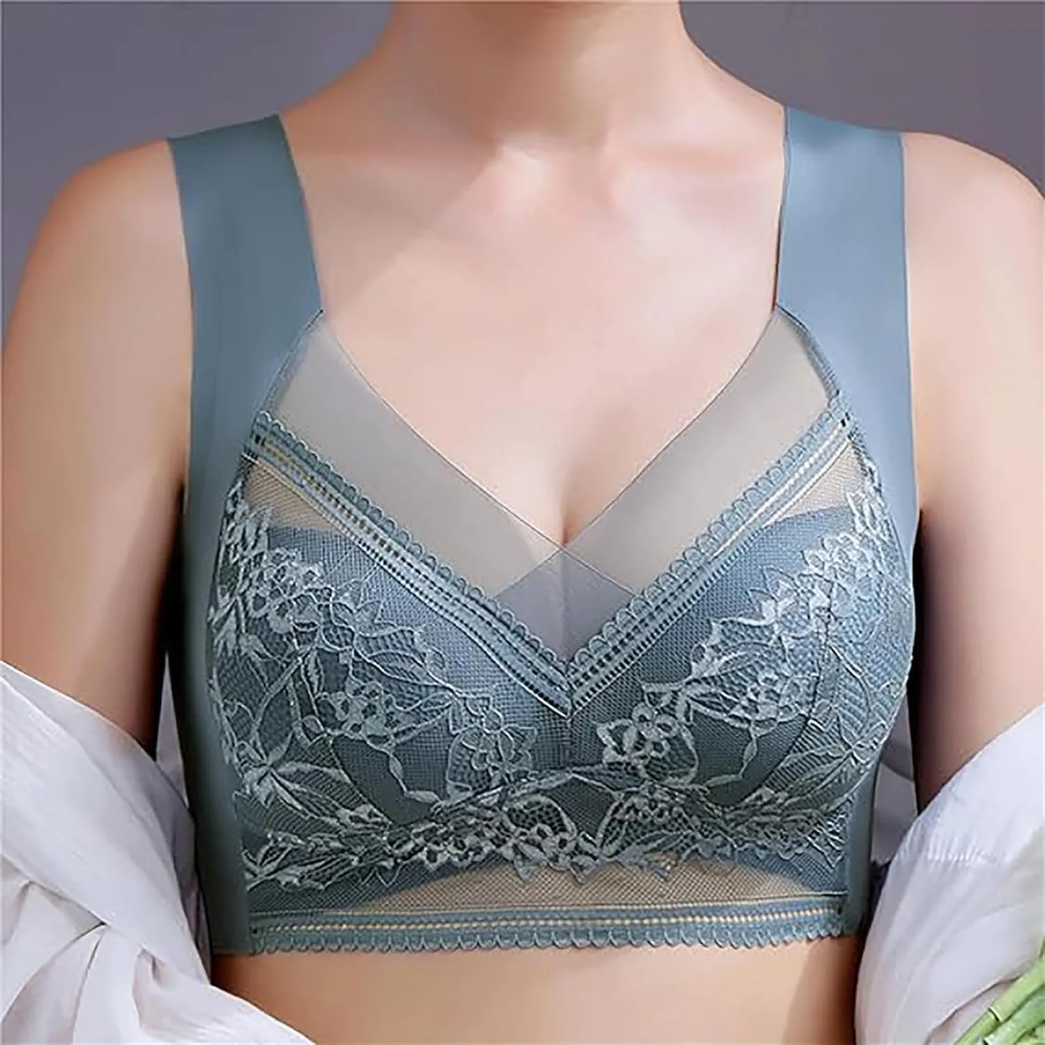 Womens Seamless Lace Sports Bra Pull On Daily Bras Mesh Panel with Wide Straps Elegant Comfortable Wireless Bralettes